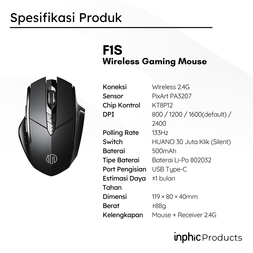 F1S Mouse Gaming Wireless 2.4G Silent Rechargeable PixArt PA3207 2400 DPI INPHIC - Image 5