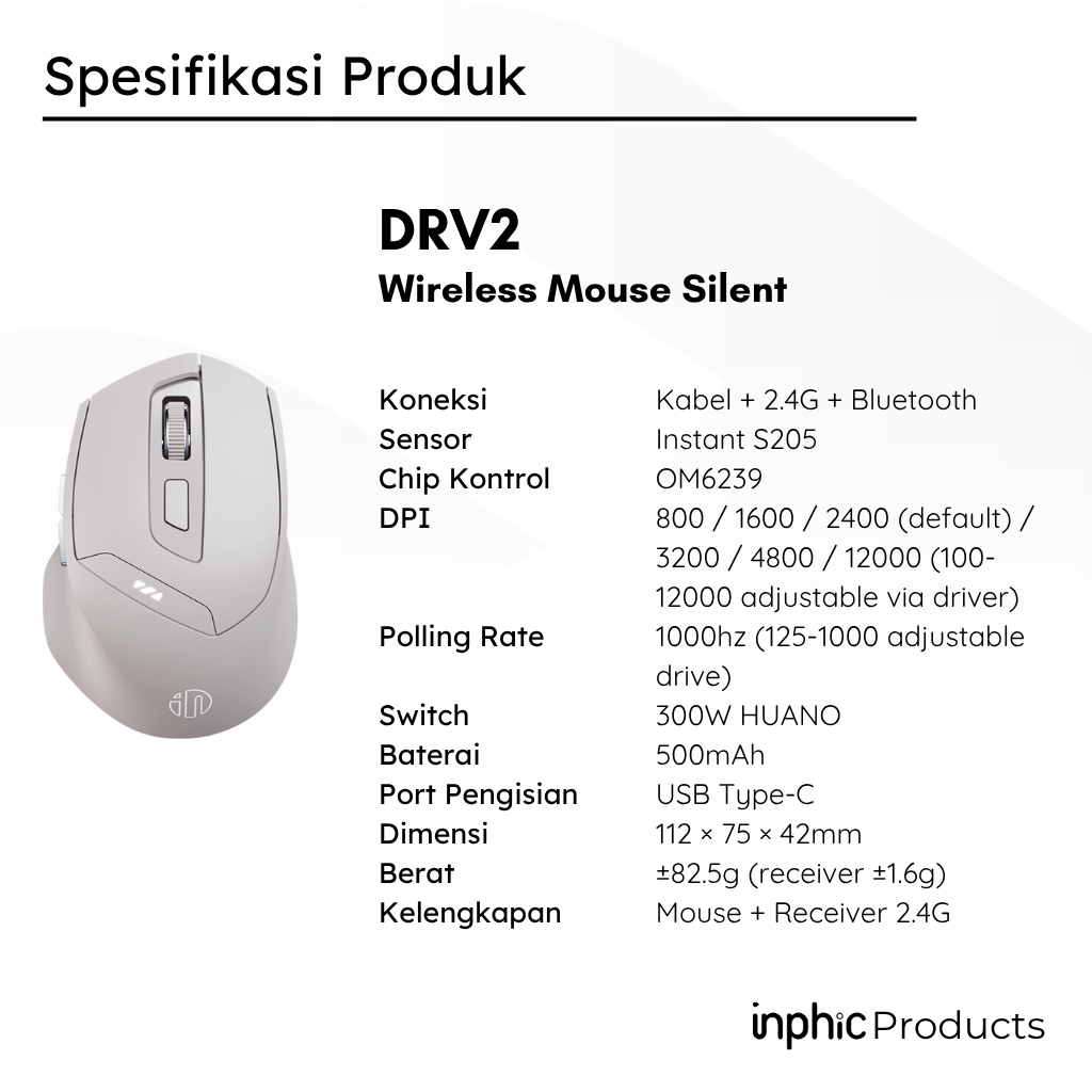 DR V2 Mouse Gaming Wireless Tri-Mode Silent S205 12000 DPI 1000Hz Rechargeable INPHIC - Image 5
